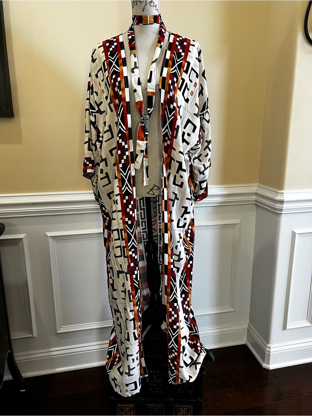 Abstract, Geometric Boho Long Duster Kimono/Caftan in Ivory, Black & Rust.